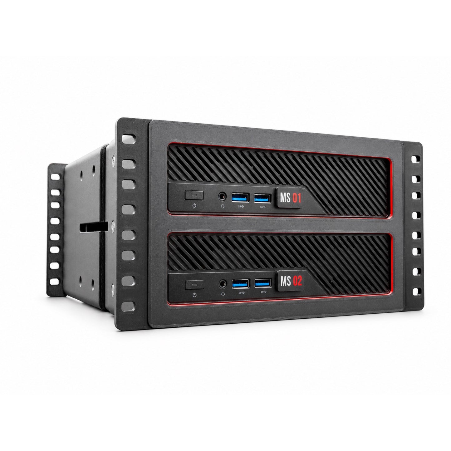 Two MINISFORUM MS-A2 mini PCs shown in the black 10-inch rack-mount enclosure