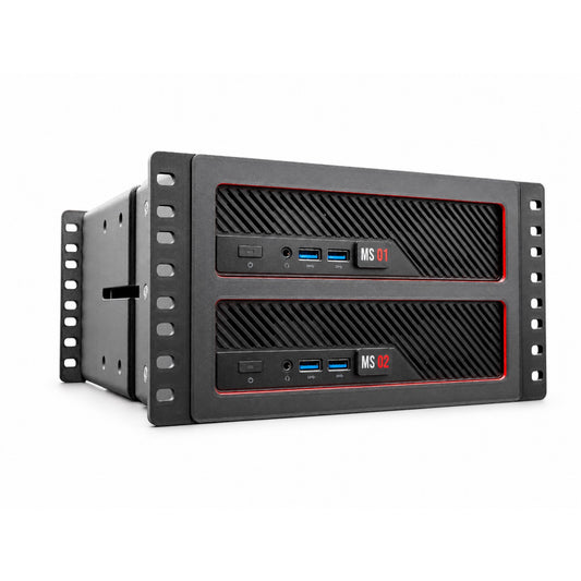 Two MINISFORUM MS-A2 mini PCs shown in the black 10-inch rack-mount enclosure