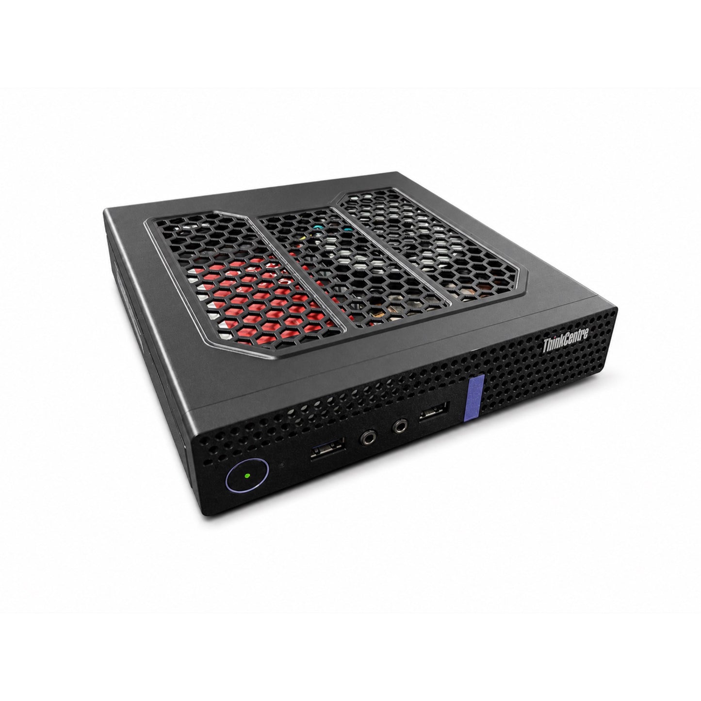 Front detail of a Lenovo ThinkCentre M700 or M900 Tiny PC with vented replacement lid