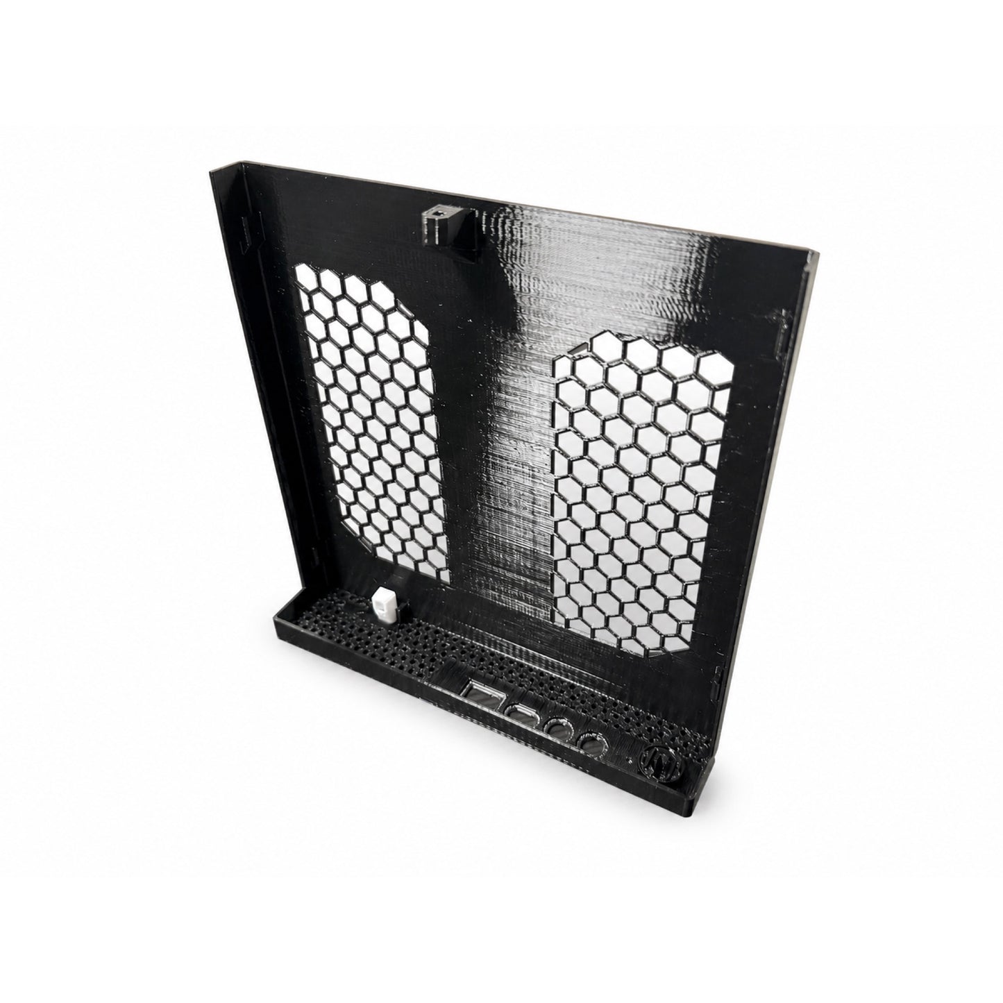 Inside detail of the black vented replacement lid for a Lenovo ThinkCentre Tiny PC