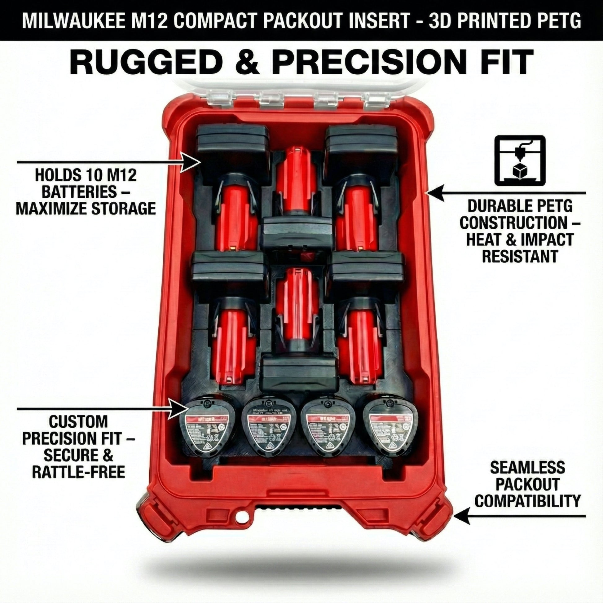 Rack Forged compact Packout insert for Milwaukee M12 batteries