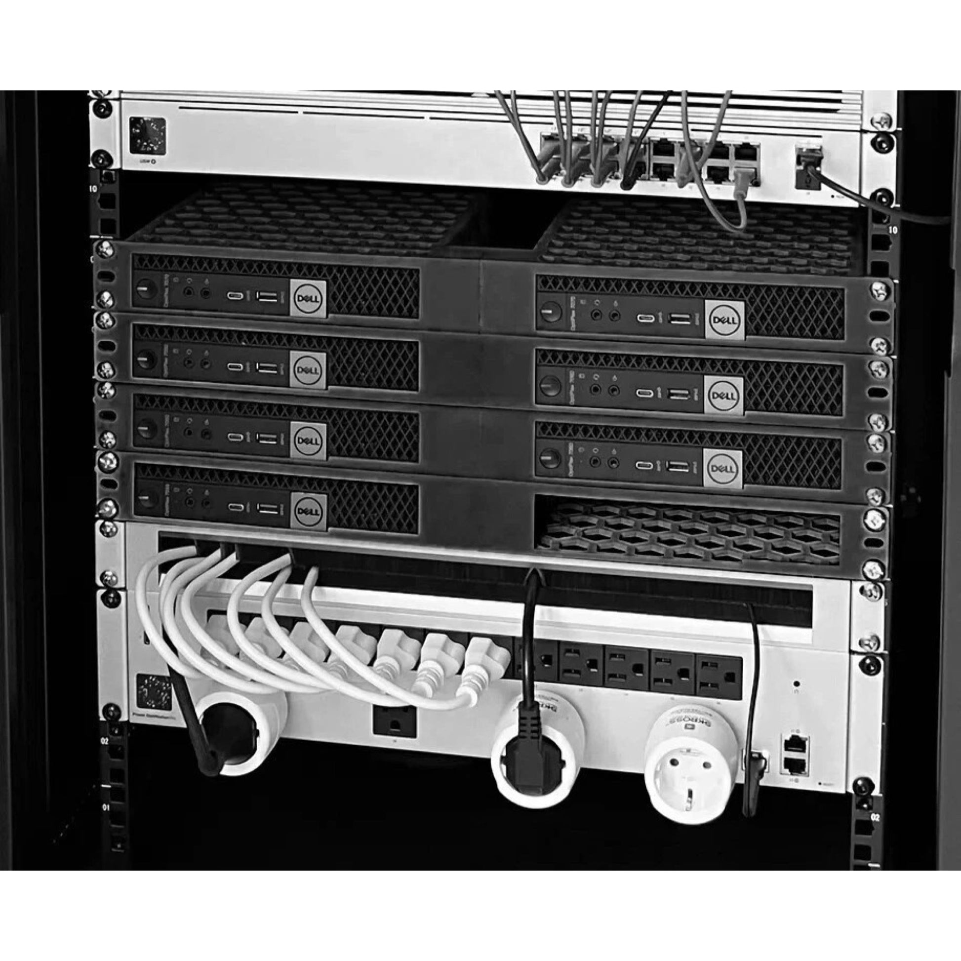 Rack Forged 1U 19-inch rack mount for Dell OptiPlex Micro mini-PCs on white background