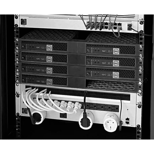 Rack Forged 1U 19-inch rack mount for Dell OptiPlex Micro mini-PCs on white background