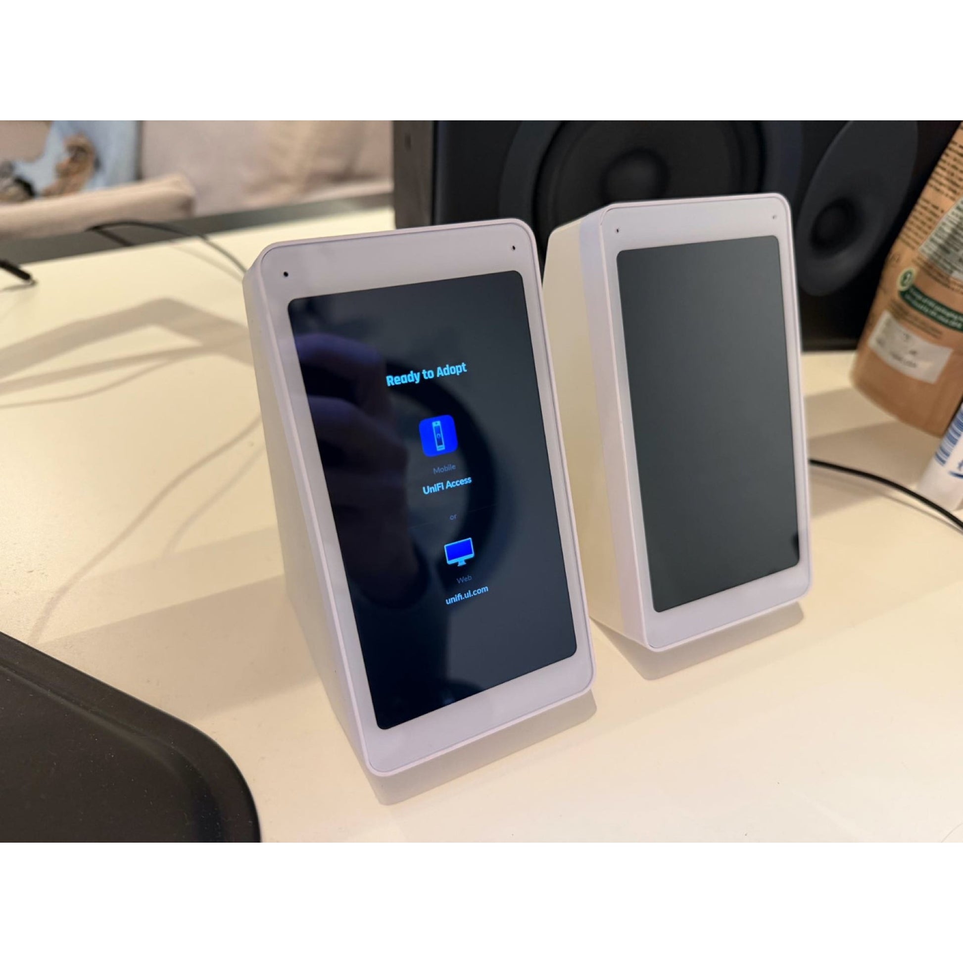 Angled view of Rack Forged desktop stand for UniFi Access Intercom Viewer