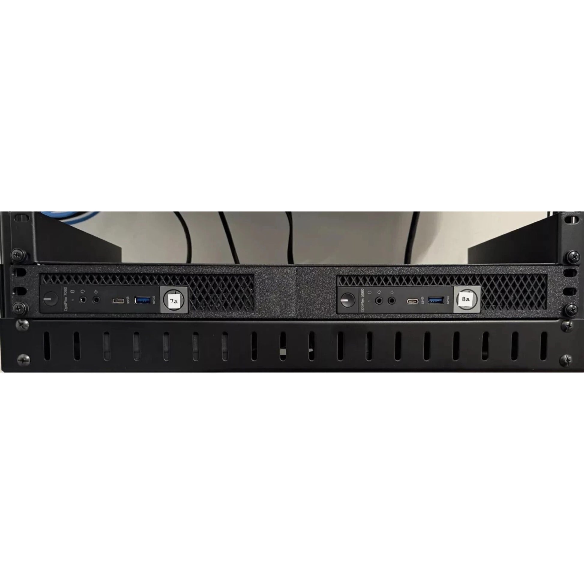 Angled view of Rack Forged 19-inch rack mount for Dell OptiPlex Micro mini-PCs