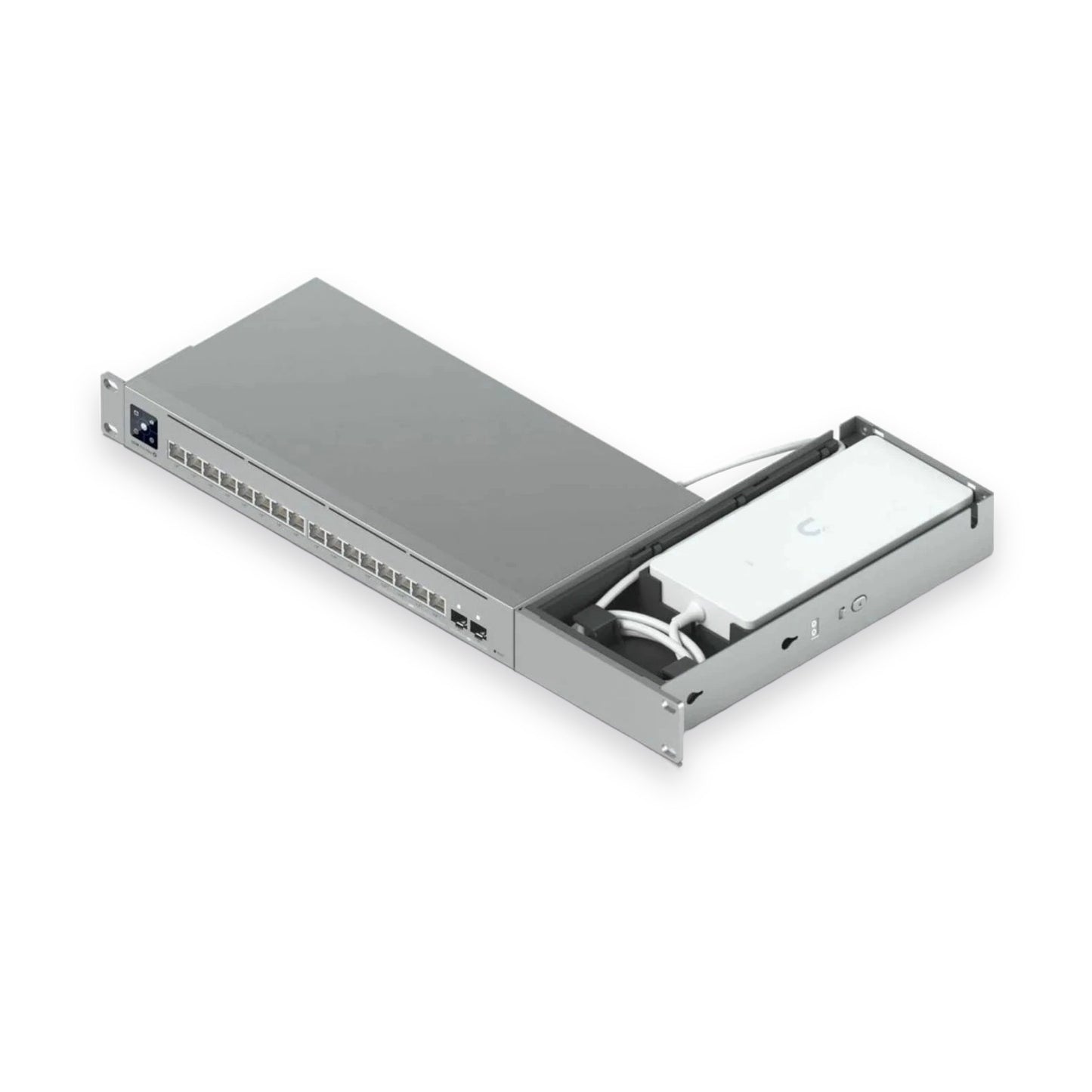 UniFi USW-Pro-Max-16-PoE switch and power adapter installed in the Rack Forged mount
