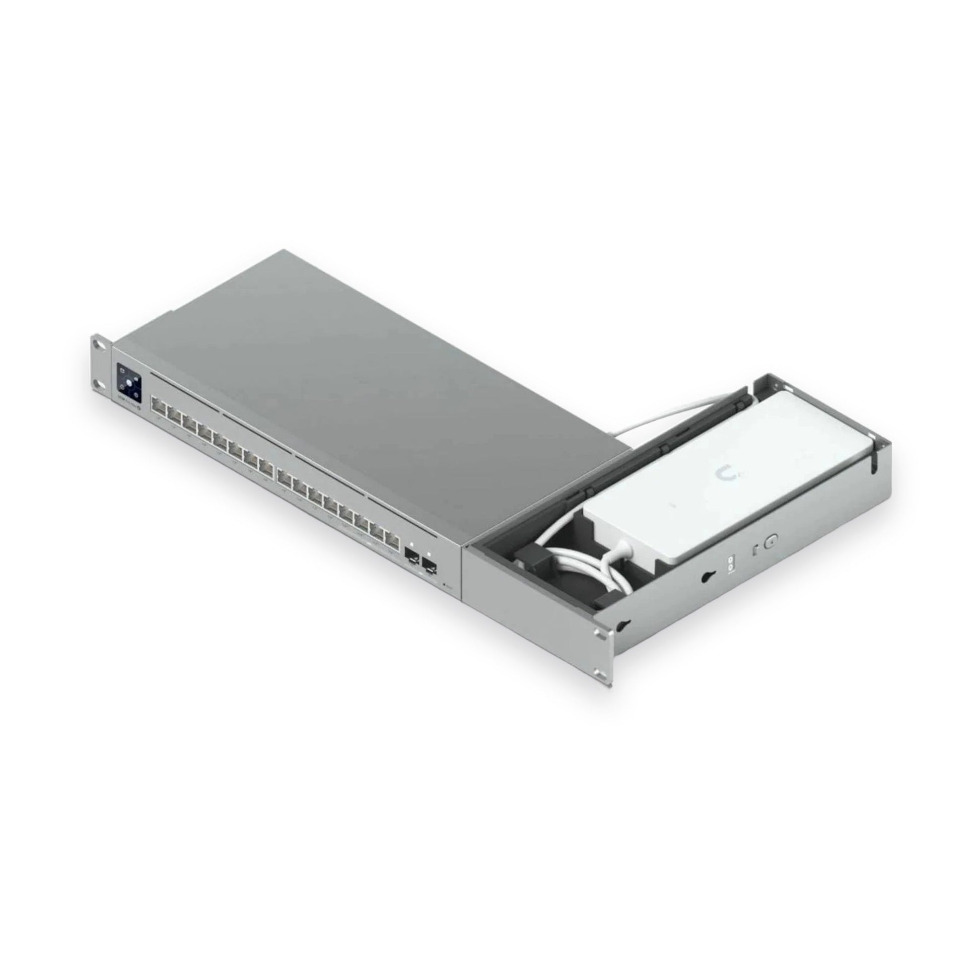 UniFi USW-Pro-Max-16-PoE switch and power adapter installed in the Rack Forged mount