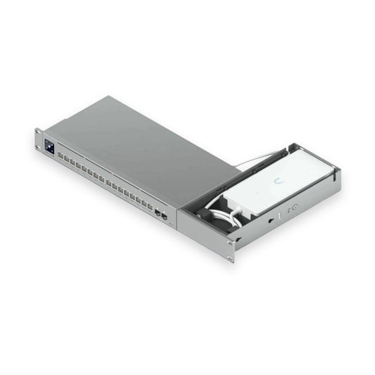 UniFi USW-Pro-Max-16-PoE switch and power adapter installed in the Rack Forged mount