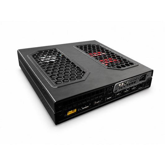 Rear view of a Lenovo ThinkCentre Tiny PC with vented replacement lid