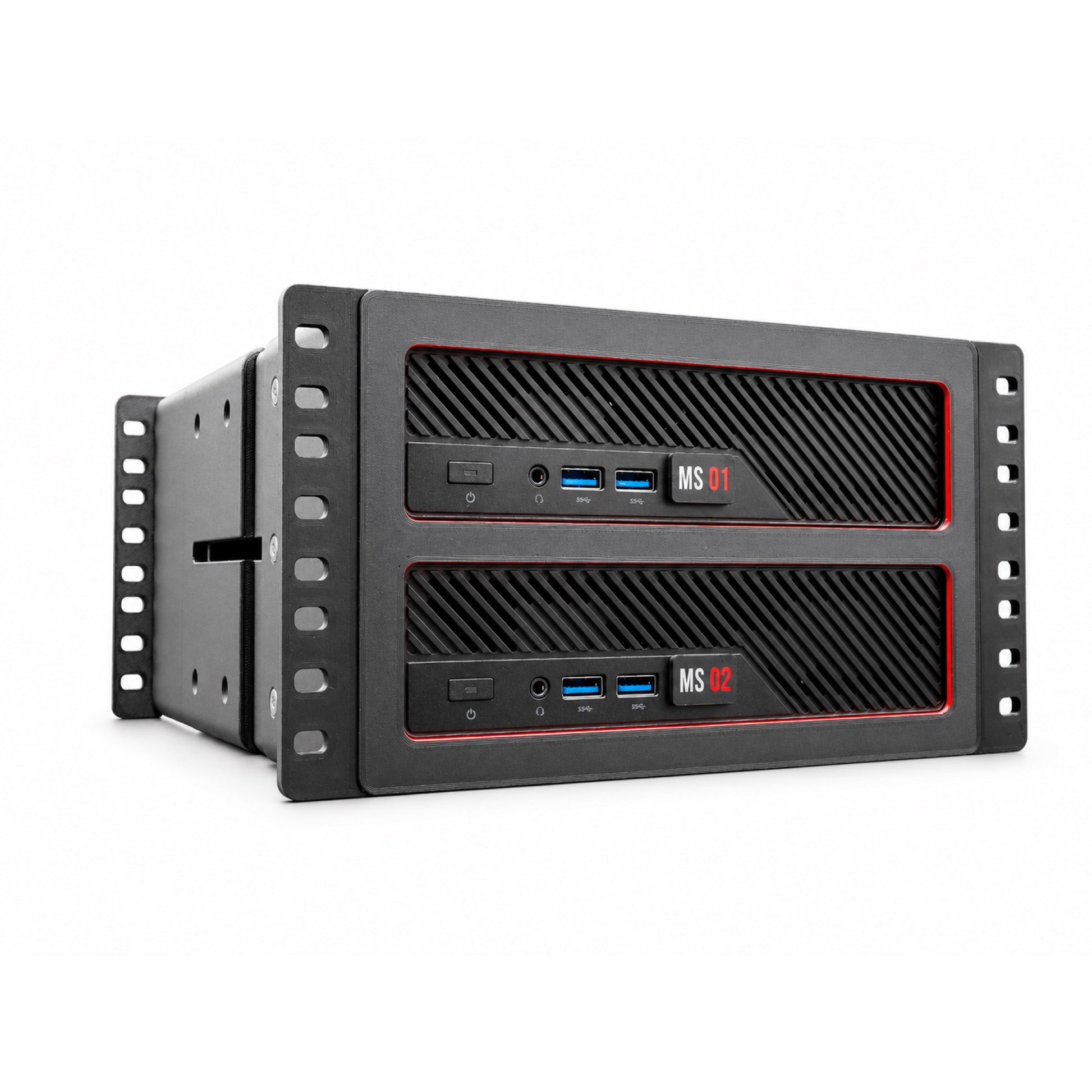 Two MINISFORUM MS-A2 mini PCs shown in the black 10-inch rack-mount enclosure