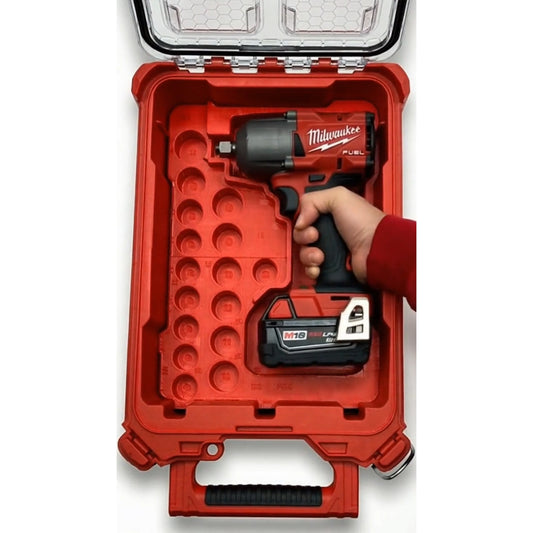 Packout Insert for the Milwaukee M18 FUEL Mid Torque Impact Wrench + Socket Storage shown in use