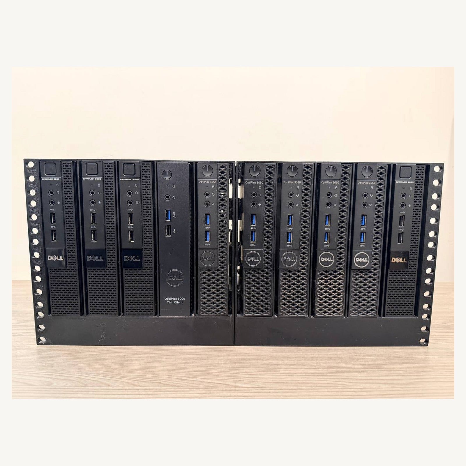 Front view of ten Dell Micro computers installed for fit demonstration in the Rack Forged 5U mount; computers not included