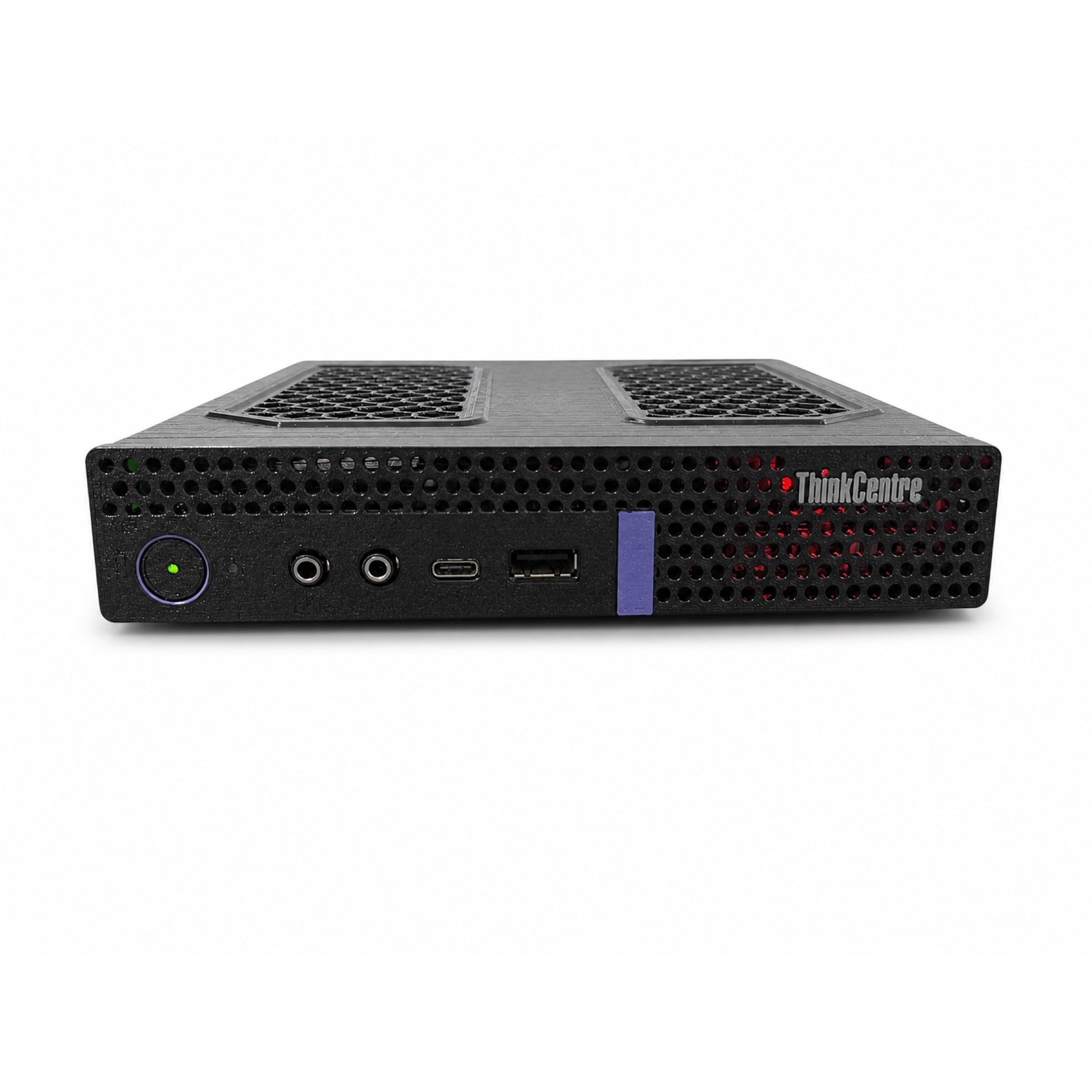 Front view of a Lenovo ThinkCentre Tiny PC with vented replacement lid