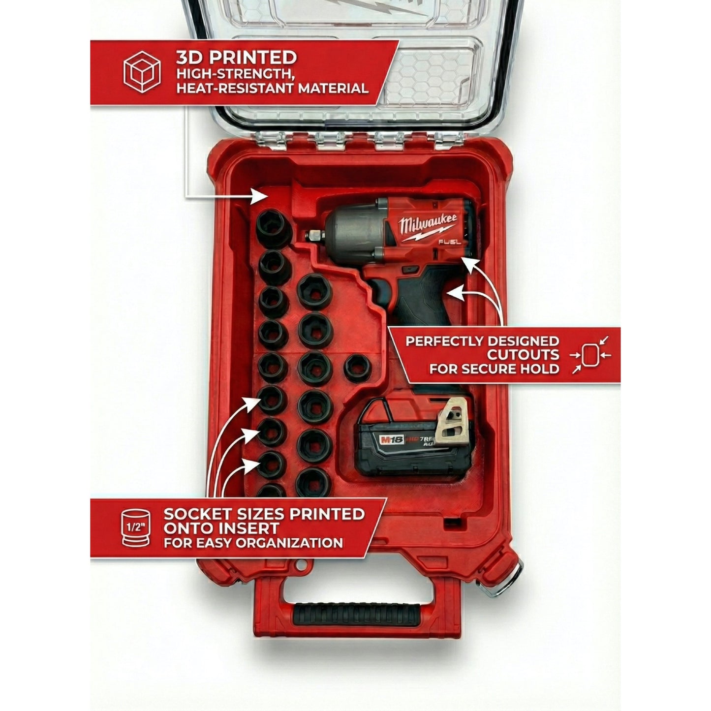 Packout Insert for the Milwaukee M18 FUEL Mid Torque Impact Wrench + Socket Storage detail view 1