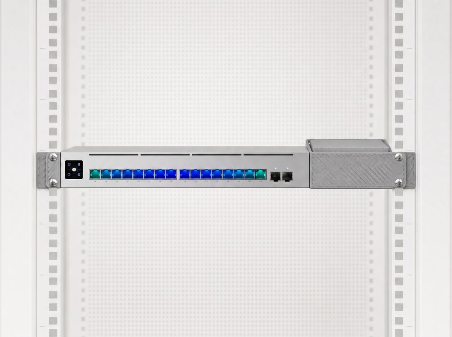 Rack Forged mount holding a UniFi USW-Pro-Max-16-PoE switch installed in a 19-inch rack