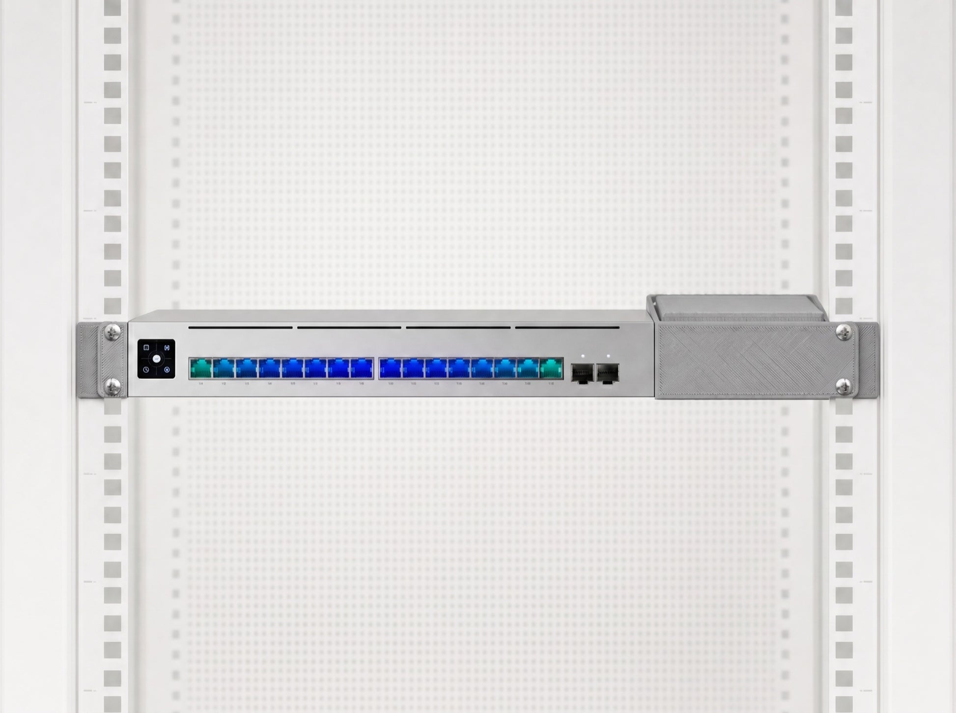 Rack Forged mount holding a UniFi USW-Pro-Max-16-PoE switch installed in a 19-inch rack