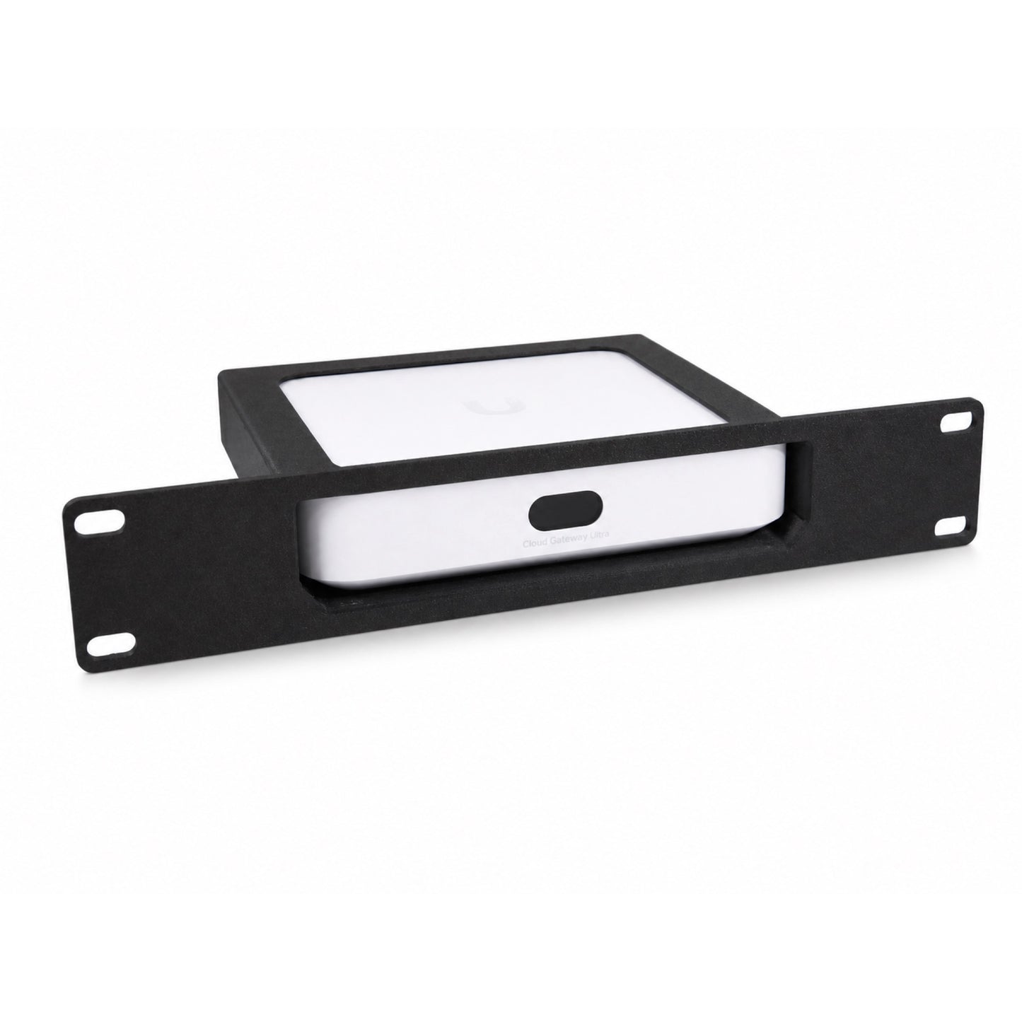 Angled view of a UniFi Cloud Gateway Ultra shown in the black 10-inch rack mount