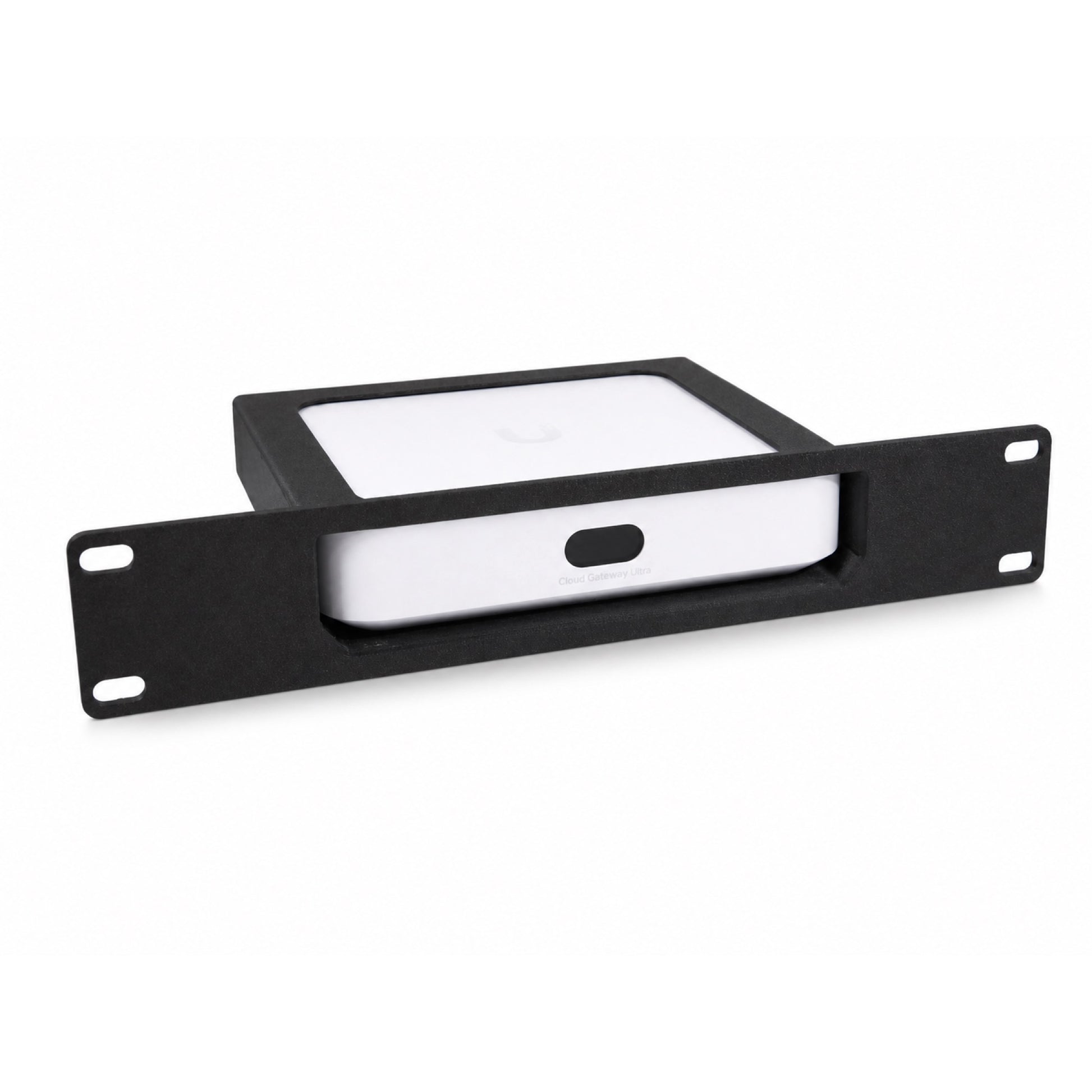 Angled view of a UniFi Cloud Gateway Ultra shown in the black 10-inch rack mount