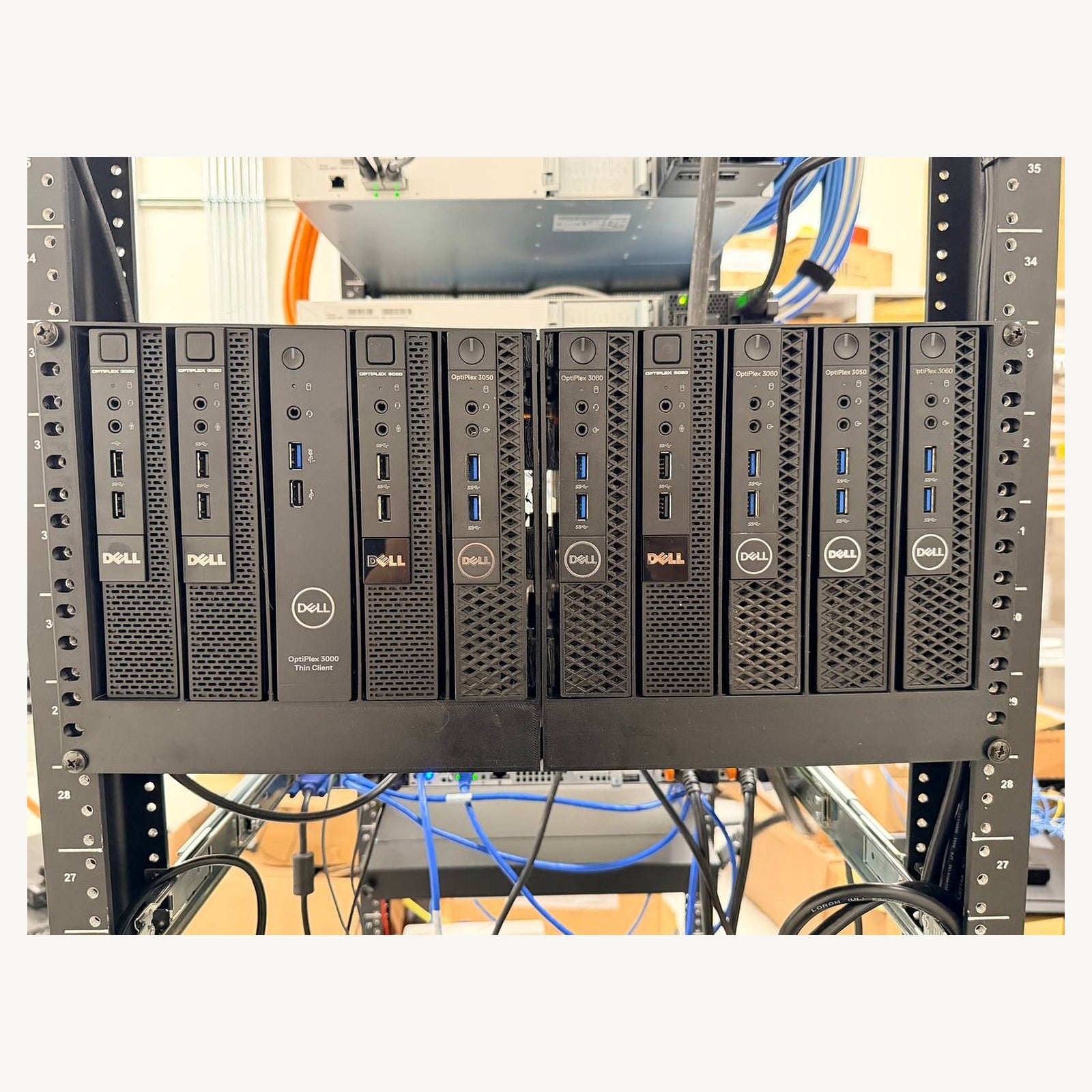 Ten-device Rack Forged Dell Micro mount installed in a standard 19-inch rack for fit demonstration