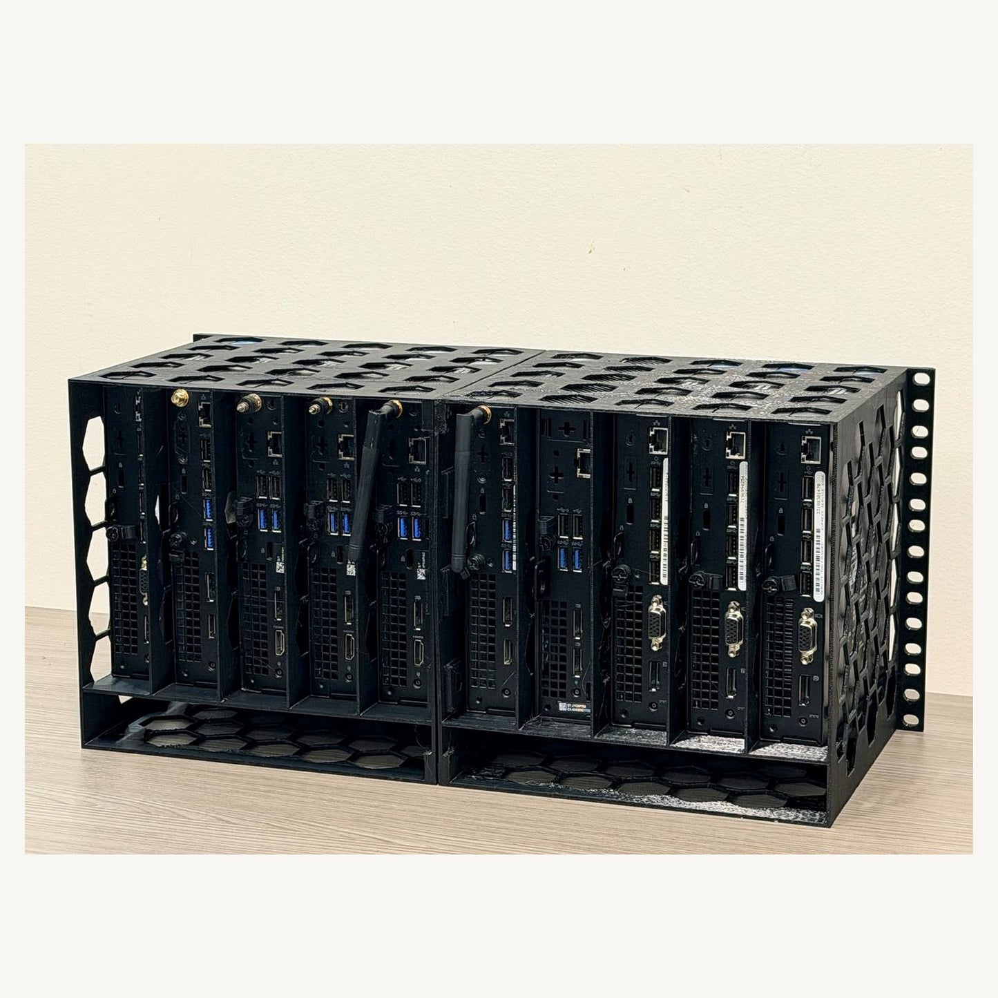 Rear three-quarter view showing accessible Dell Micro power, network, USB, and display ports; computers not included