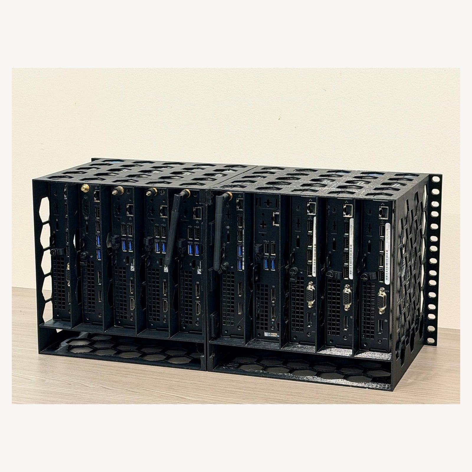 Rear three-quarter view showing accessible Dell Micro power, network, USB, and display ports; computers not included