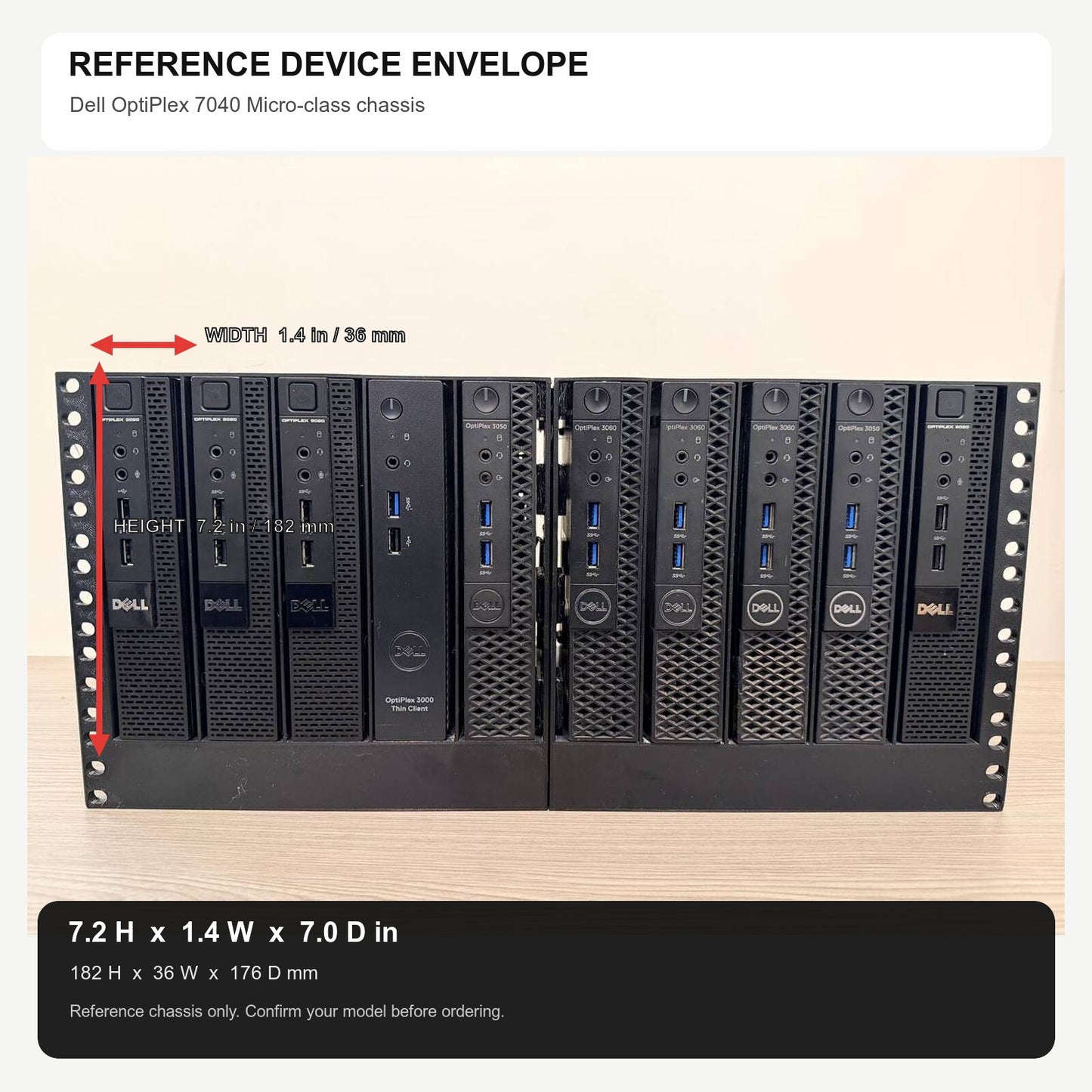 Dell OptiPlex 7040 Micro-class reference dimensions: 7.2 inches high, 1.4 inches wide, and 7.0 inches deep