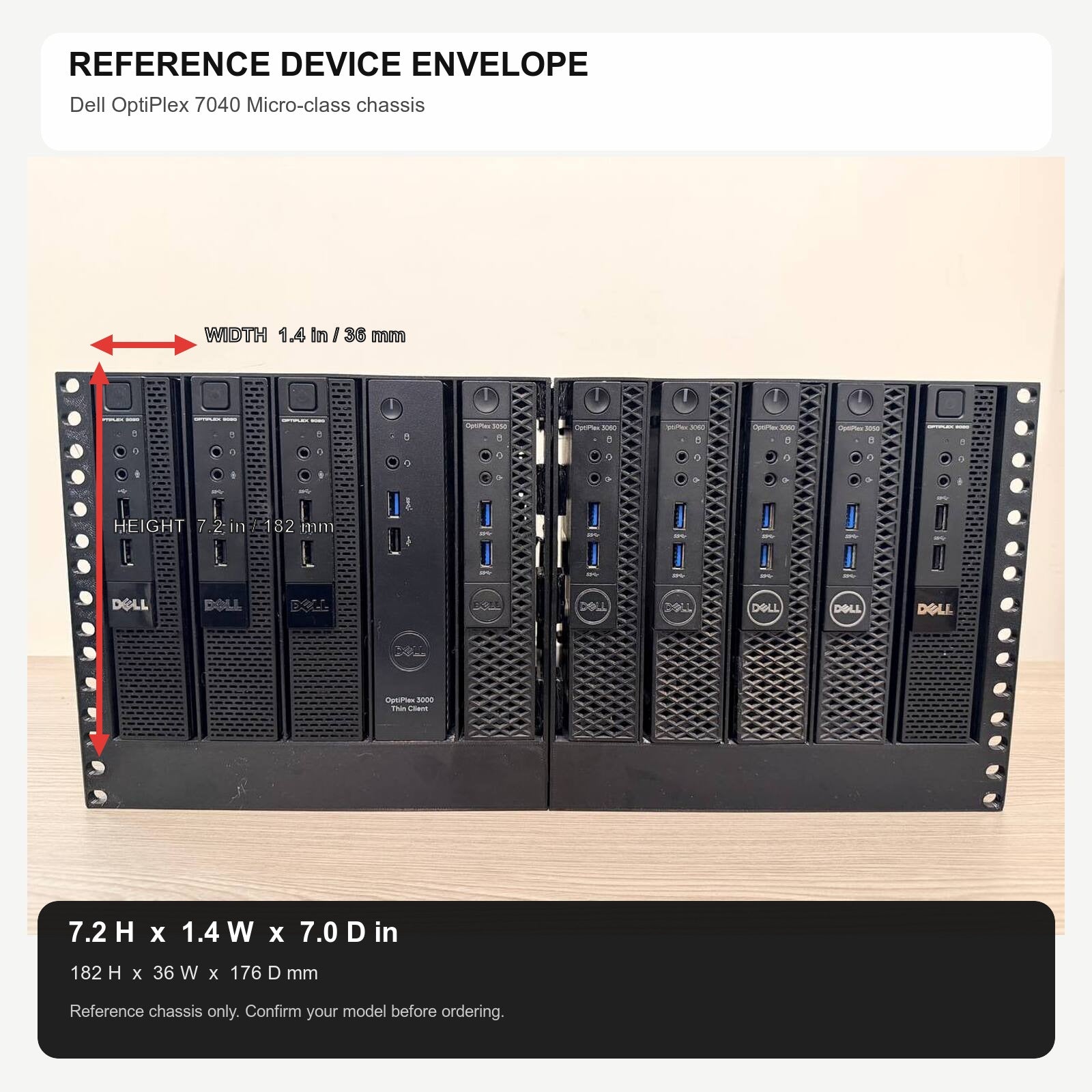 Dell OptiPlex 7040 Micro-class reference dimensions: 7.2 inches high, 1.4 inches wide, and 7.0 inches deep