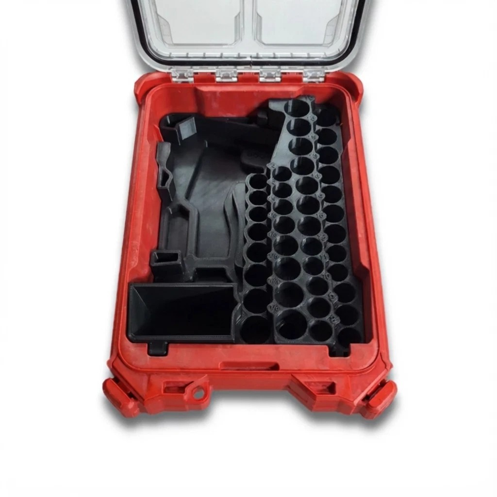 Black PETG Rack Forged Packout insert for Milwaukee M12 Stubby 3/8-inch impact, hero view